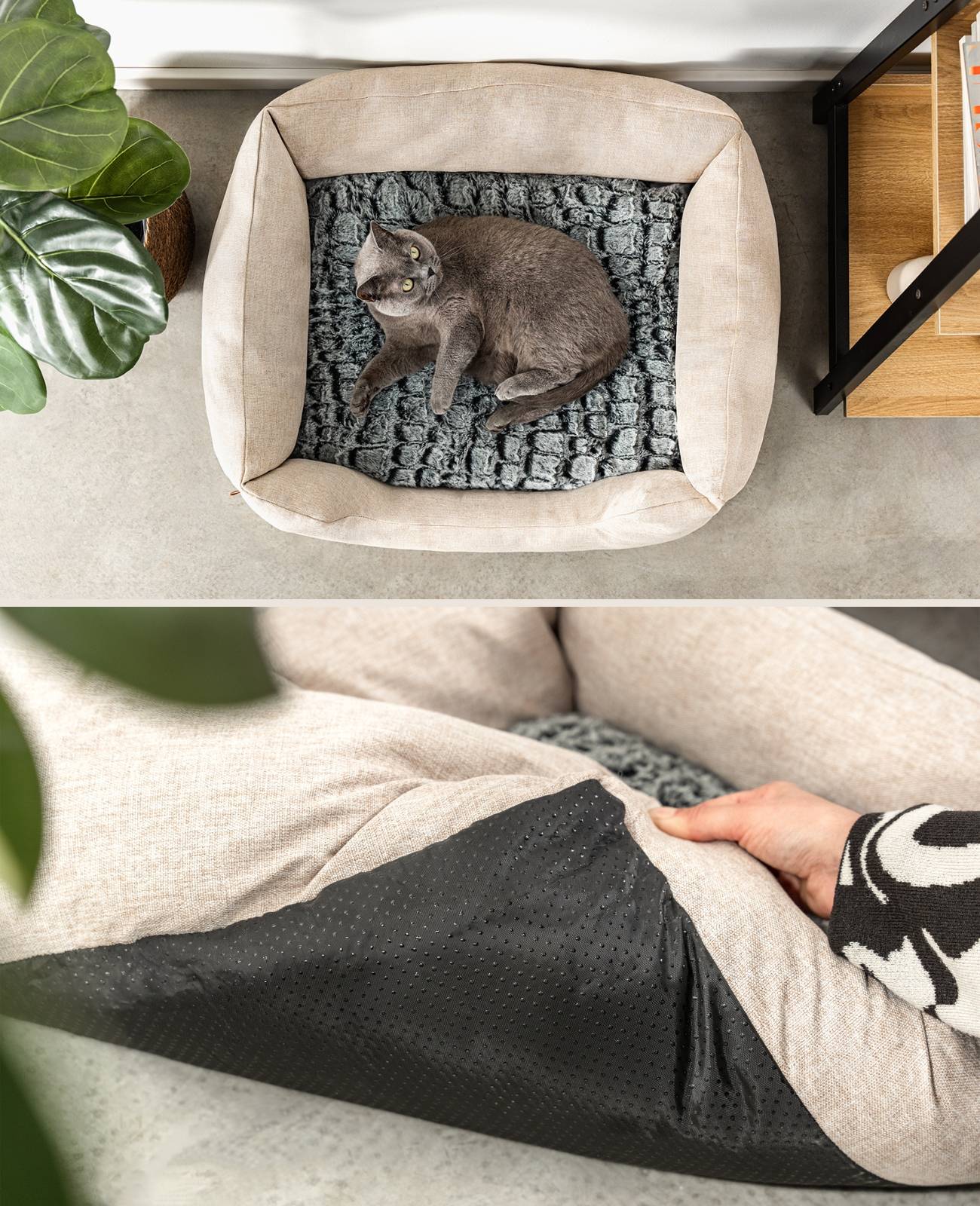 lionto Katzenbett, stilvolles Kuschelkörbchen mit tiefem Einstieg, Wendekissen & rutschfestem Boden, 80x60 cm, beige