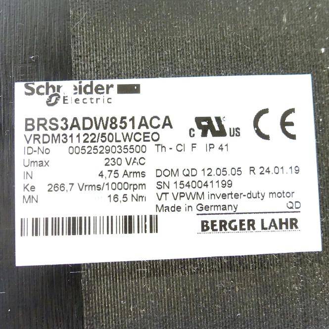 Schneider Electric Motornamenschild mit Modell BRS3ADW851ACA, 230 VAC, 4,75 A, 16,5 Nm, IP41 und Berger Lahr Branding.
