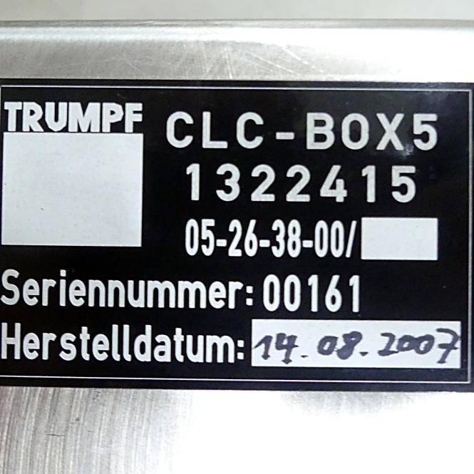 TRUMPF Geräteetikett für CLC-BOX5, Seriennummer 00161, Herstellungsdatum 14.08.2007.