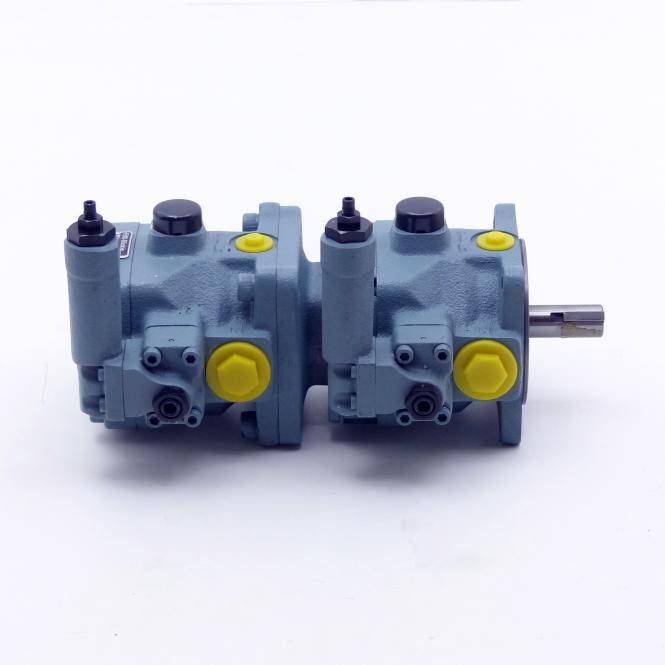 Zwei blaue Hydraulikpumpen-/Motoreinheiten nebeneinander angeschlossen, mit gelben Kappen und einer Metallwelle, die von der rechten Seite herausragt.