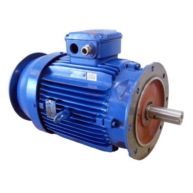 Blauerner Elektromotor mit vorstehender Welle, gezeigt auf weißem Hintergrund.