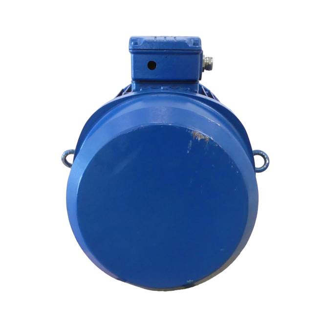 Blaumotor oder Pumpe mit rundem Frontdeckel und oben montierter Box, isoliert auf weißem Hintergrund dargestellt.