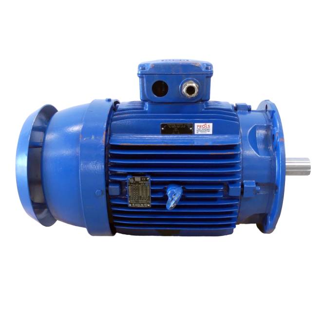 Blauer Industrieelektromotor mit herausragendem Schaft und Montageflansche auf weißem Hintergrund.