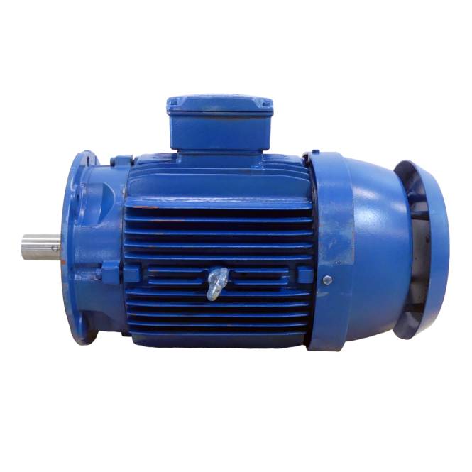 Blaumotor mit vorstehender Metallwelle, Seitenansicht auf weißem Hintergrund dargestellt.