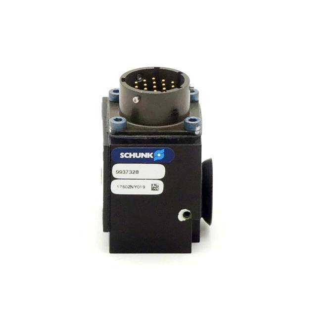 Schwarzes SCHUNK Industrie-Steckverbindermodul mit beschrifteter Vorderseite und rundem Multi-Pin-Steckplatz oben, gezeigt auf weißem Hintergrund.