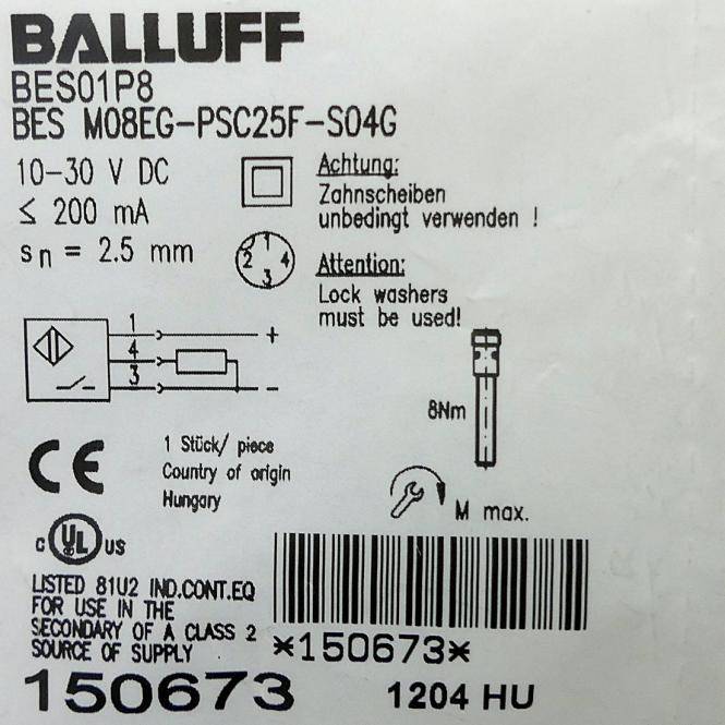 Balluff-Sensorschild mit Modell BES 01P8 / BES M08EG-PSC25F-S04G, 10–30 V DC, 200 mA, mit Schaltplan, Warnhinweisen, Strichcode und Teilenummer 150673.