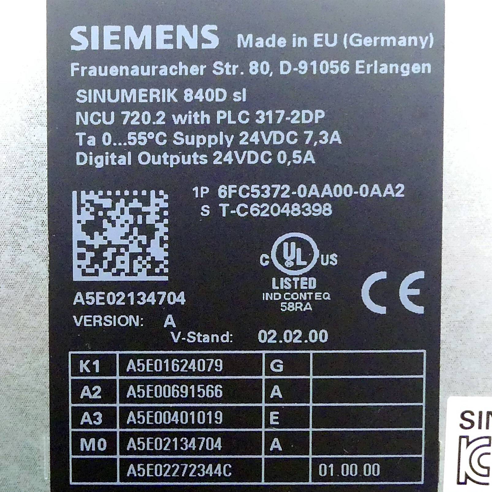 Siemens Sinumerik 840 D SL CNC-Hardware NCU 720.2 mit PLC 317-2DP (6FC5372-0AA00-0AA2)