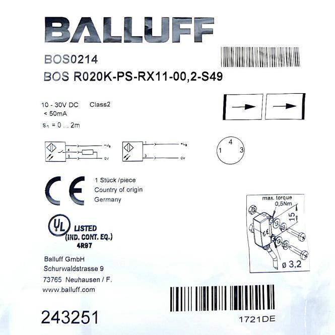 BALLUFF Einweglichtschranken BOS0214 (BOS R020K-PS-RX11-00,2-S49)