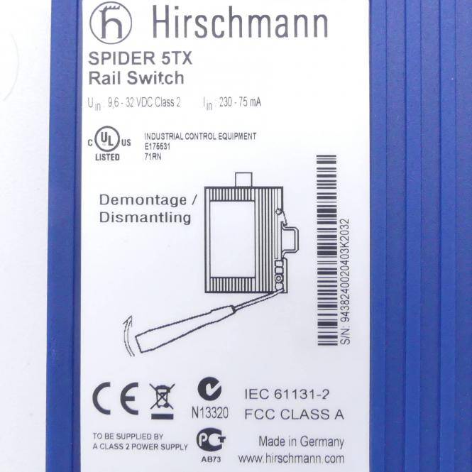 # Etikett für Hirschmann SPIDER 5TX Schienenschalter mit Demontageanleitungen, Elektrikangaben, Zertifizierungszeichen, Barcode und "Made in Germany"".
