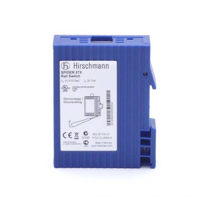 Blue Hirschmann SPIDER 5TX Schienenschalter-Netzwerkgerät von vorne mit Produktetikett und seitlichen Anschlüssen.