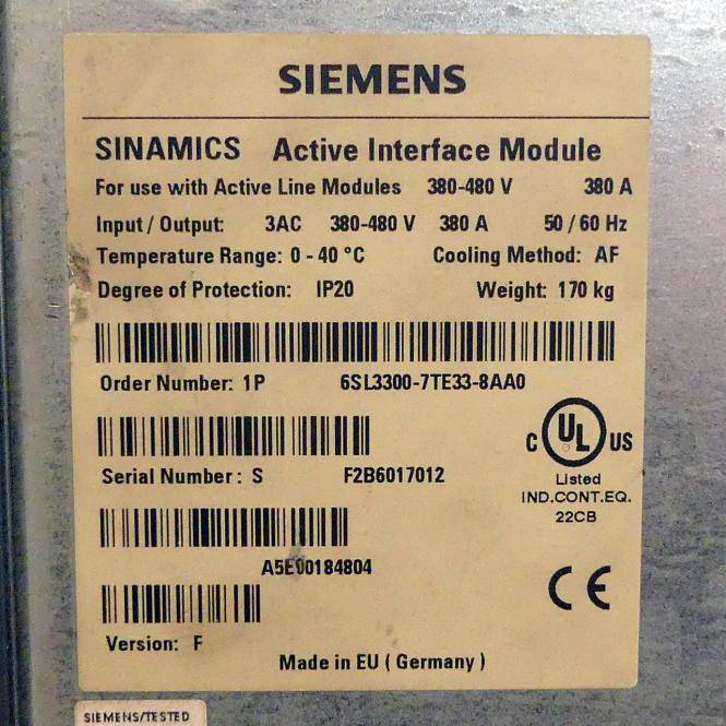 Siemens SINAMICS S120 Active Interface Module (6SL3300-7TE33-8AA0)