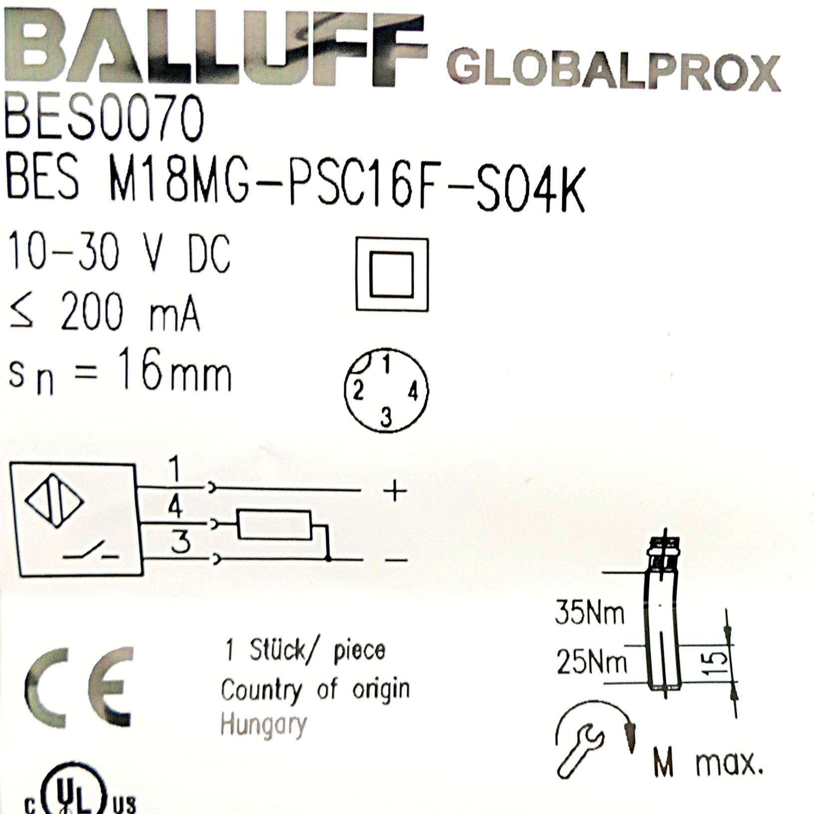 BALLUFF Induktiver Näherungsschalter BES M18MG-PSC16F-S04K (BES0070)