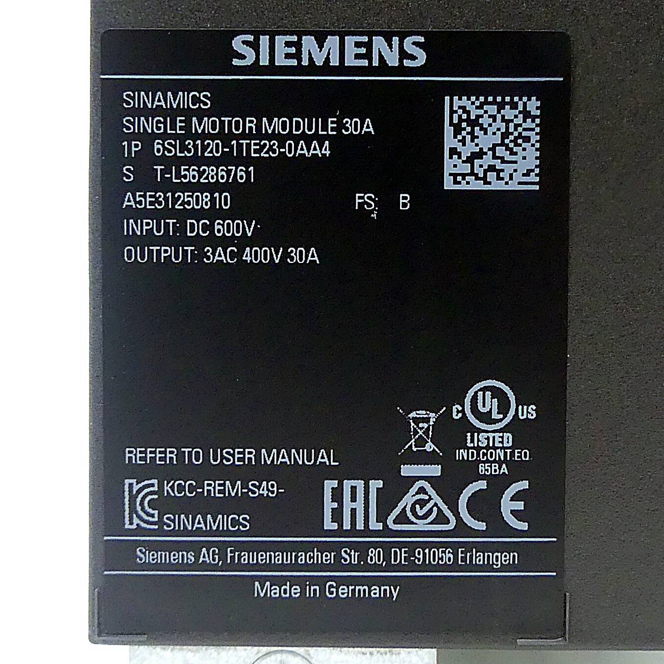 Siemens Single Motor-Module Eingang (6SL3120-1TE23-0AA4)