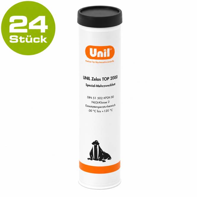 Unil Zelos TOP 2000 Spezialschmierfett-Kartusche, 24er-Pack, dargestellt als weißes Röhrchen mit schwarzem Deckel und orangem Logo.