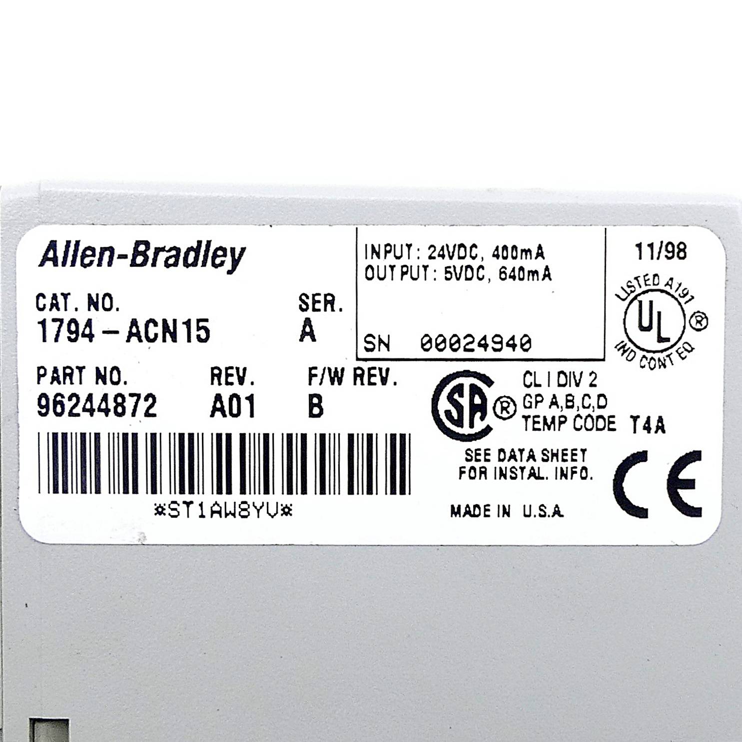 Allen-Bradley FLEX I/O ControlNet Adapter Modules (1794-ACN15)