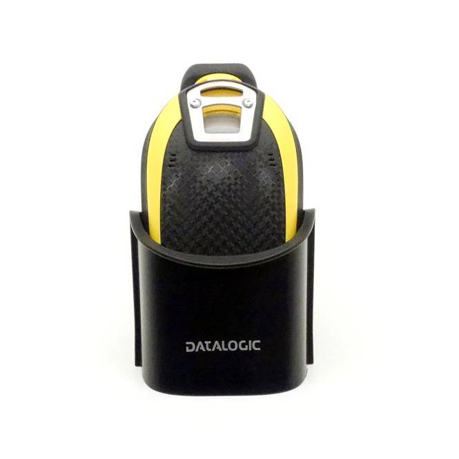 Schwarz-gelber Datalogic-Barcode-Scanner in einer Ladeschale, Frontansicht auf weißem Hintergrund dargestellt.