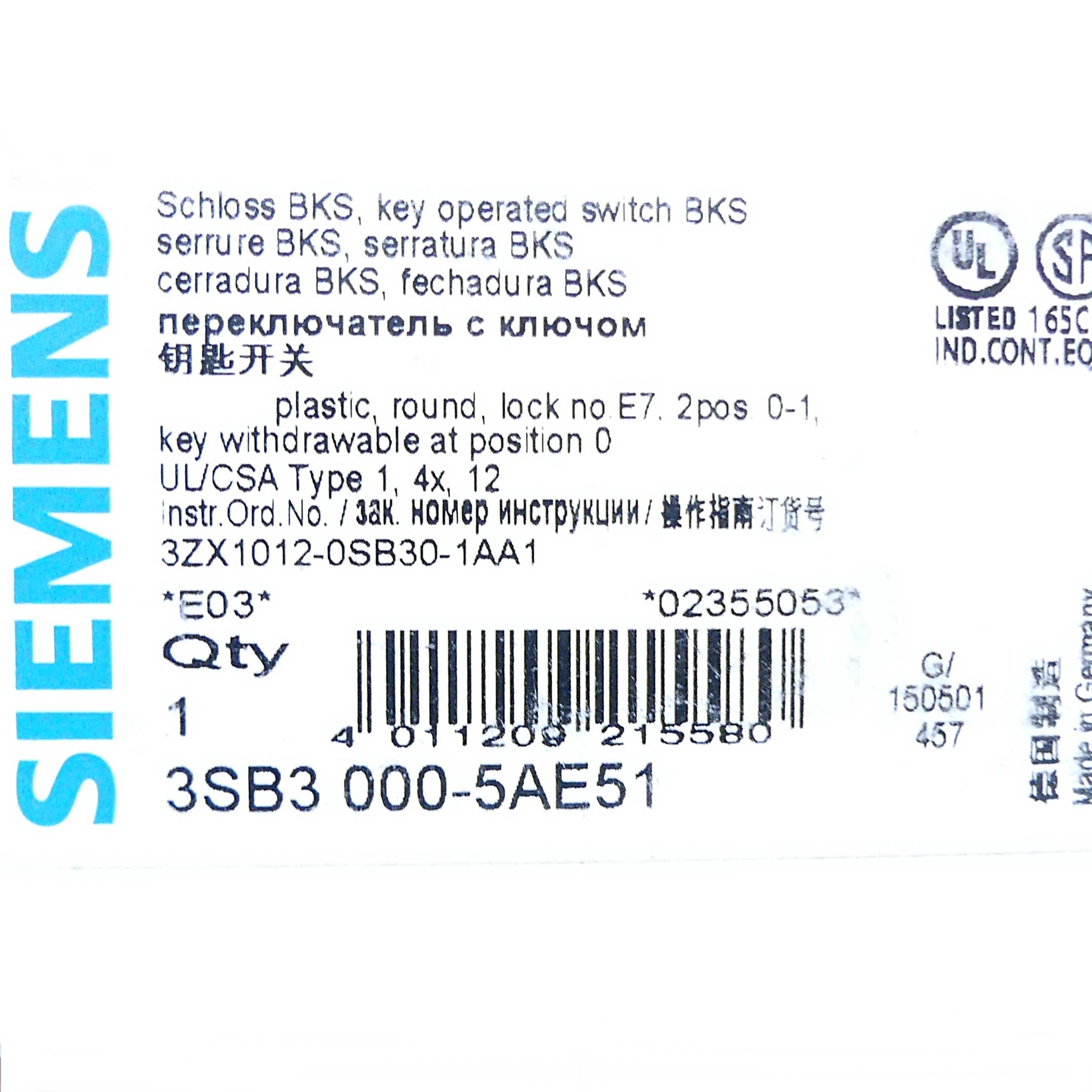 Siemens Schlüsselschalter (3SB3 000-5AE51)