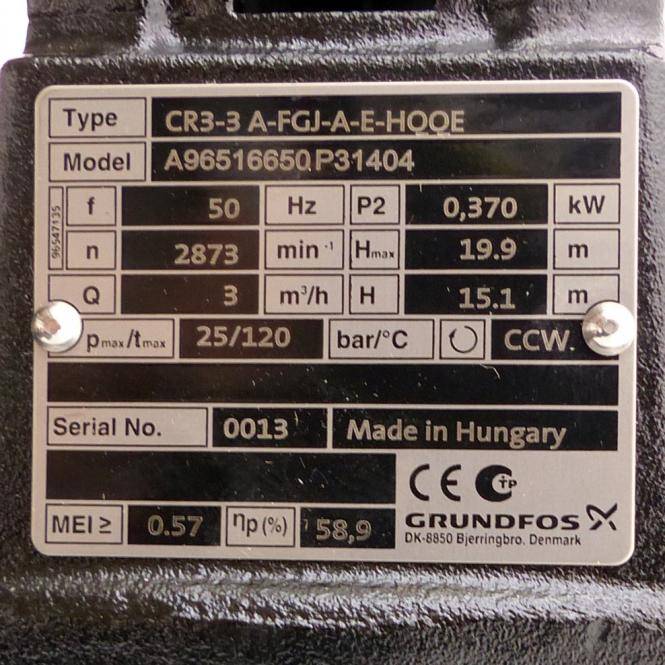 Grundfos Vertikale Kreiselpumpe A96516650P31404 (CR3-3 A-FGJ-A-E-HQQE)
