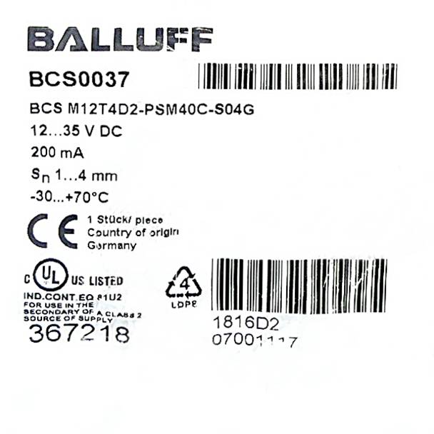 BALLUFF Kapazitiver Sensor zur Objekterkennung BCS0037 (BCS M12T4D2-PSM40C-S04G)