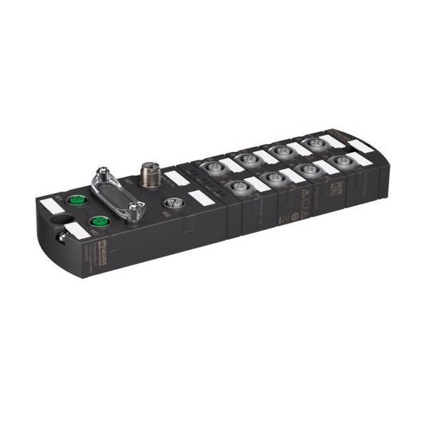 Schwarzes Industrie-Elektrosteckermodul mit Anschlusskontakten und Befestigungsteilen auf weißem Hintergrund.