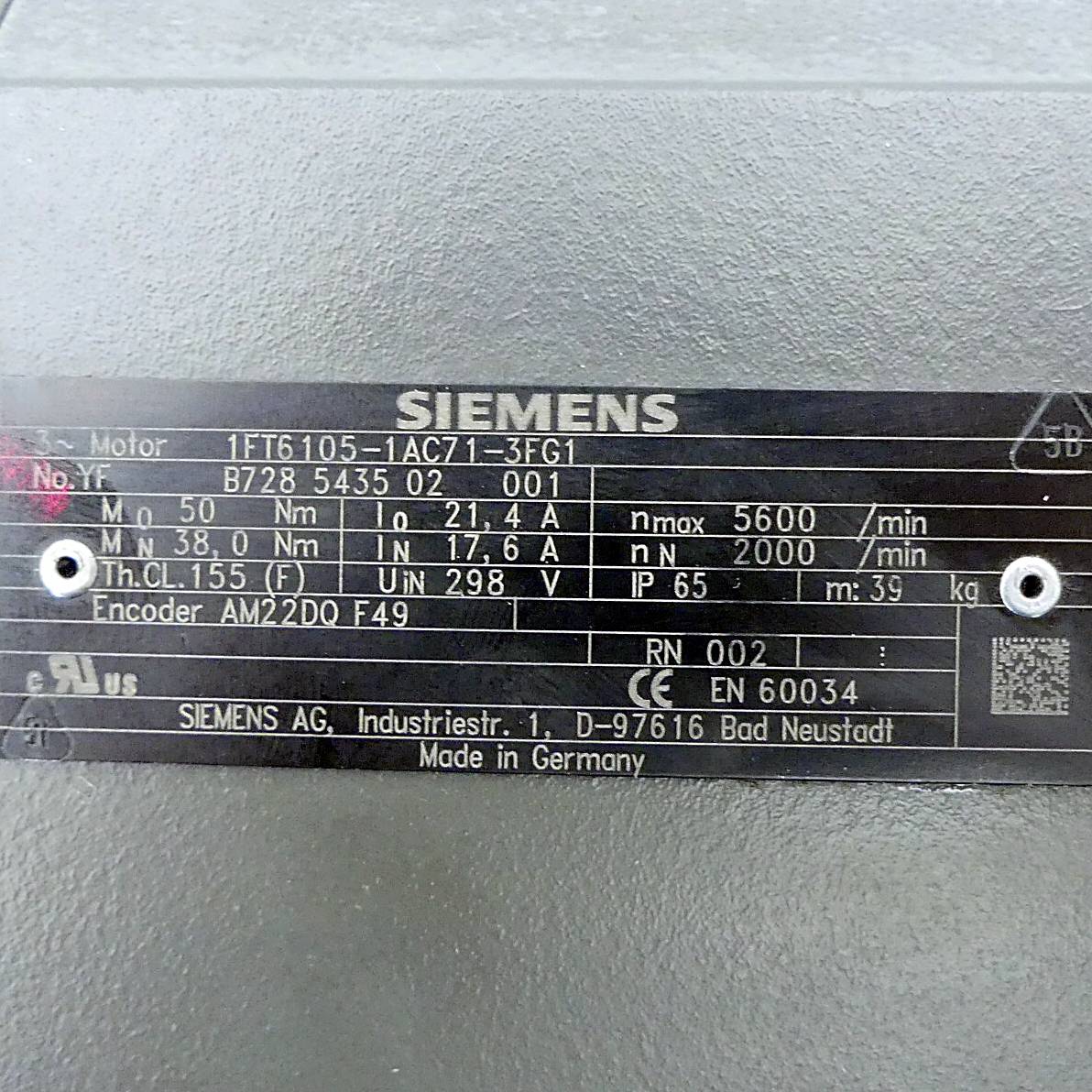 Siemens Bürstenloser Servomotor (1FT6105-1AC71-3FG1)