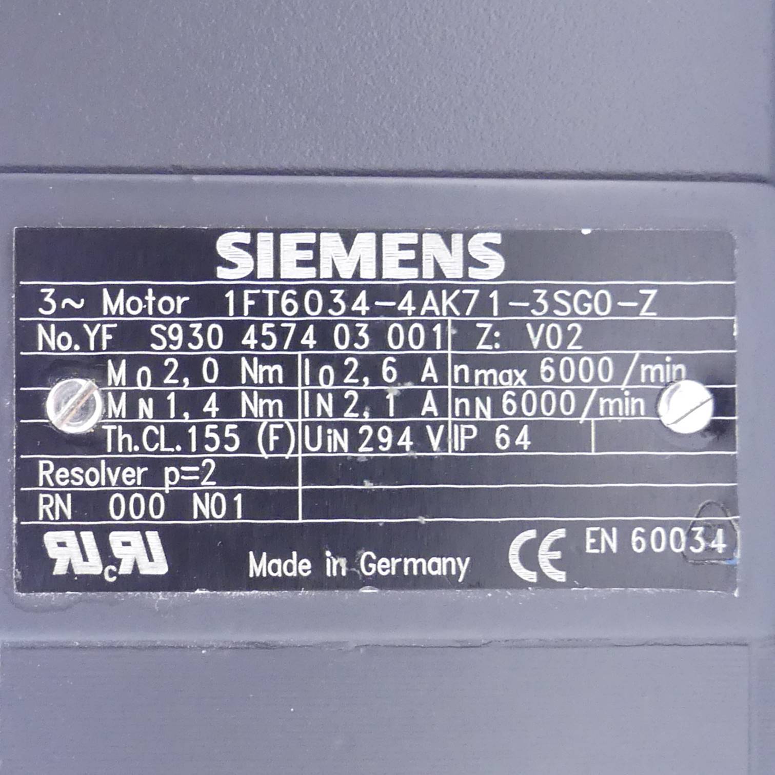 Siemens Servomotor (1FT6034-4AK71-3SG0-Z)