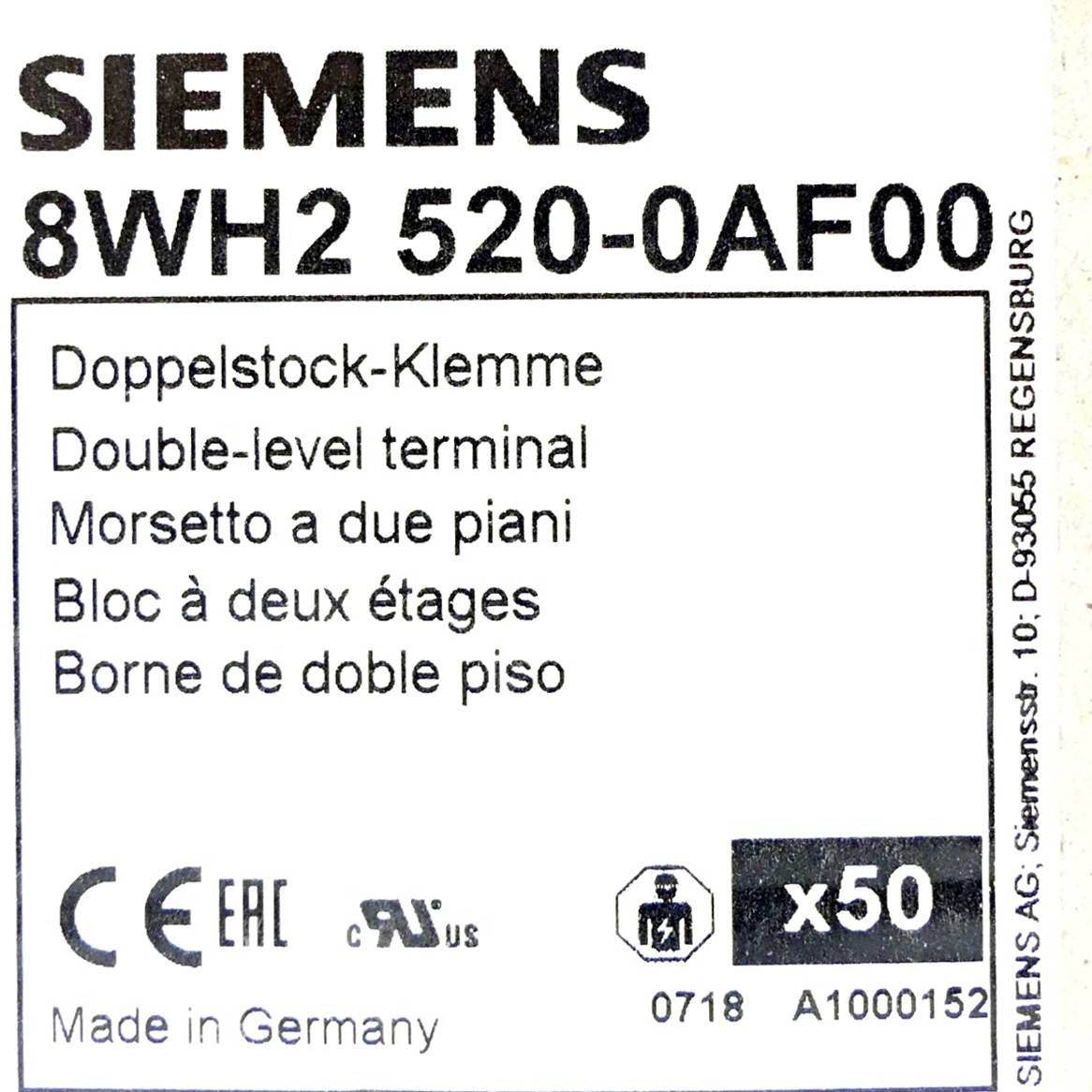 Siemens 50 Stück Doppelstock-Klemme (8WH2 520-0AF00)