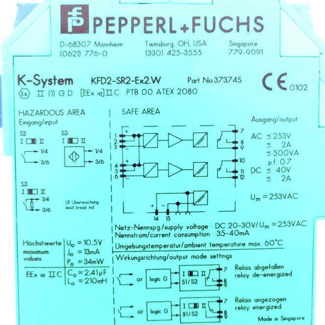 Pepperl+Fuchs K-System Verdrahtungsschema für Modell KFD2-SR2-Ex2.W, zeigt Eingabe-/Ausgabeanschlüsse für gefährliche und sichere Bereiche, Relaisstatus und Versorgung-/Ausgabewerte.
