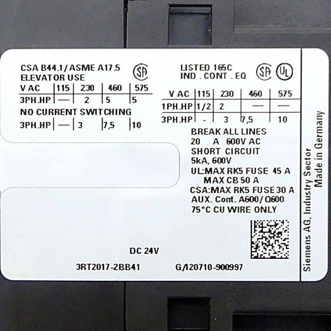 Siemens Schütz (3RT2017-2BB41 + 3RH2911-1FA22)