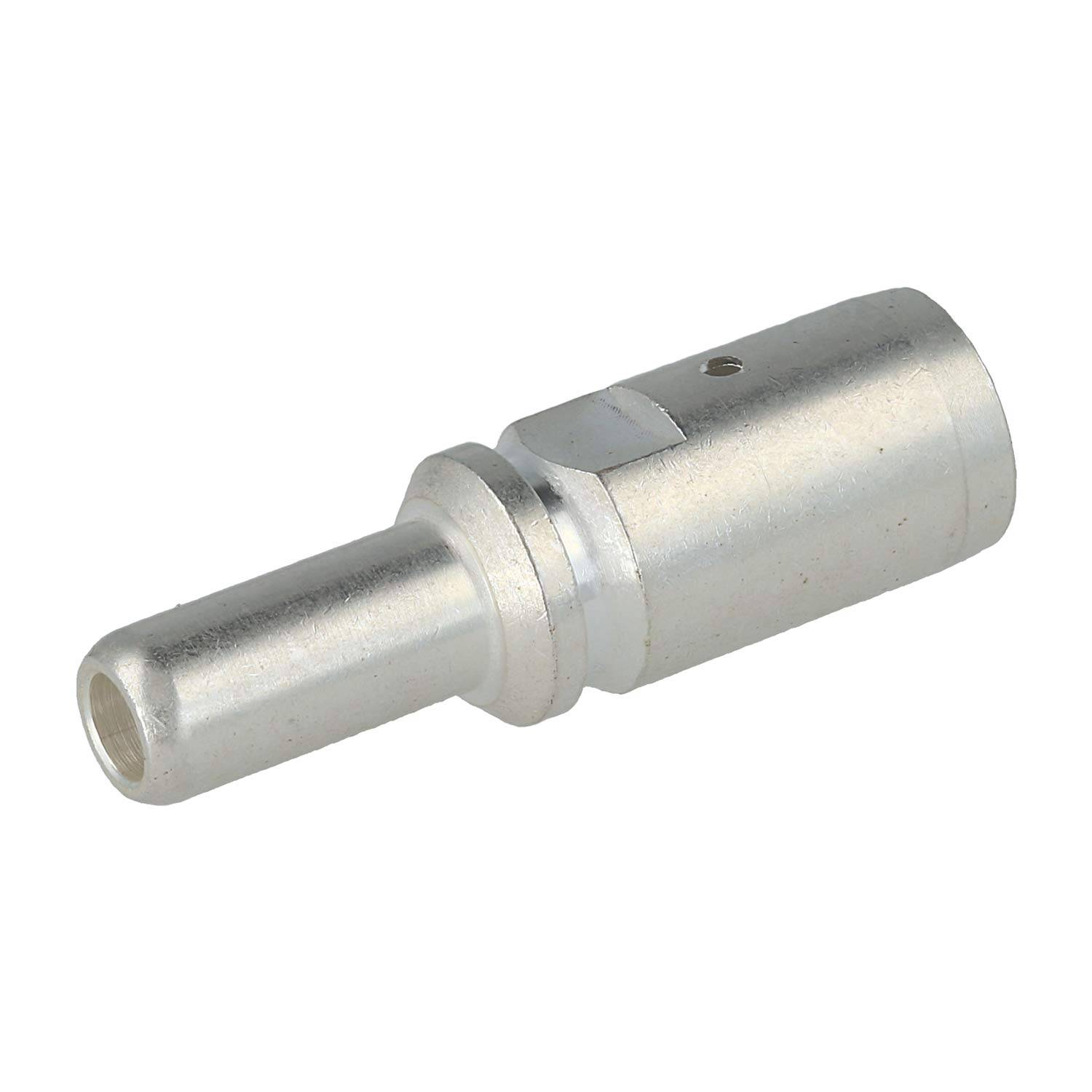 Eine metallische zylindrische Komponente mit einem breiteren Ende, das ein kleines Loch aufweist, möglicherweise als Verbinder in mechanischen oder elektronischen Baugruppen verwendet.