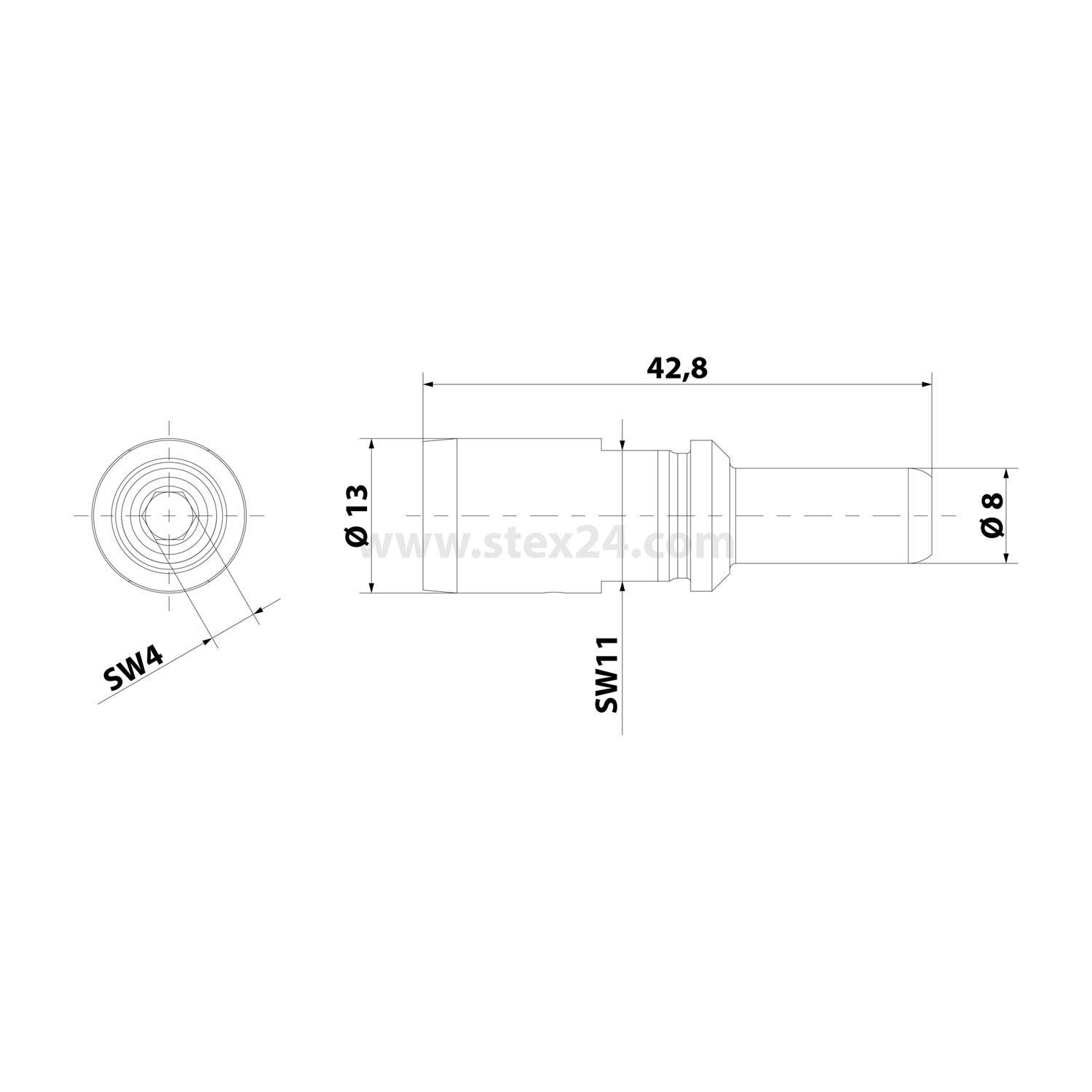 Detaillierte technische Zeichnung einer zylindrischen mechanischen Komponente. Die Abmessungen umfassen 42,8 Länge, 13 Durchmesser, mit spezifischer Kennzeichnung 'SW4' und 'LIMS'.