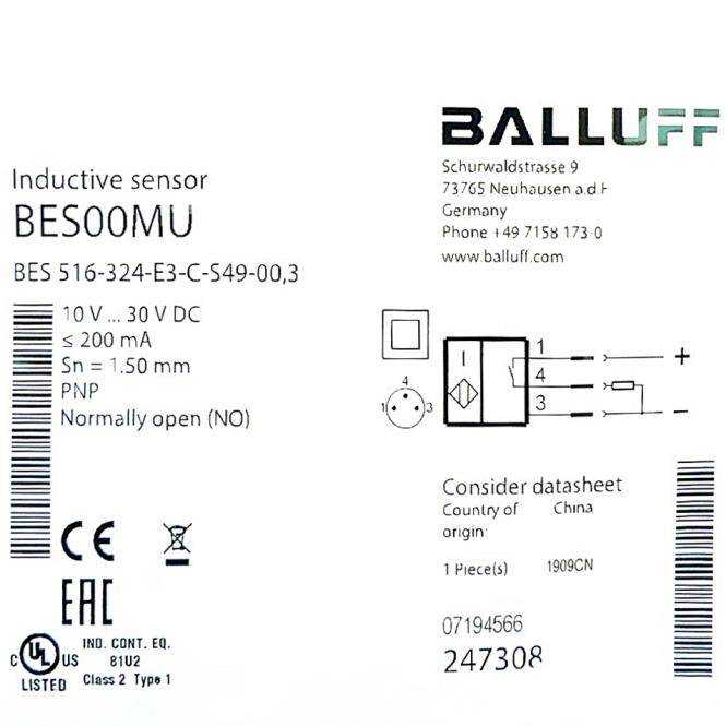 BALLUFF Sensor Induktiv BES00MU (BES 516-324-E3-C-S49-00,3)