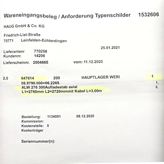 Haug Aufladestab axial 647614 (ALW 276 300)