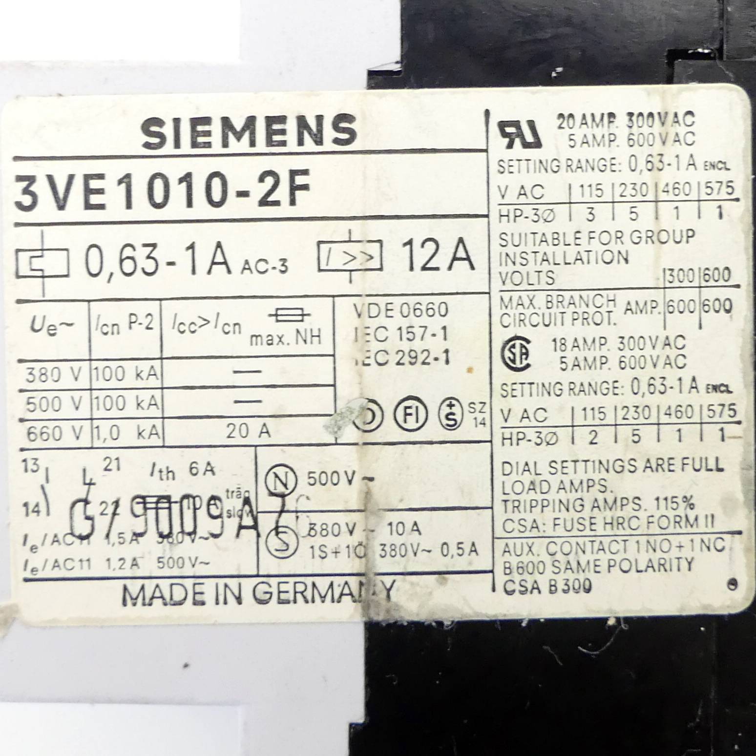 Siemens Leistungsschalter (3VE1010-2F)