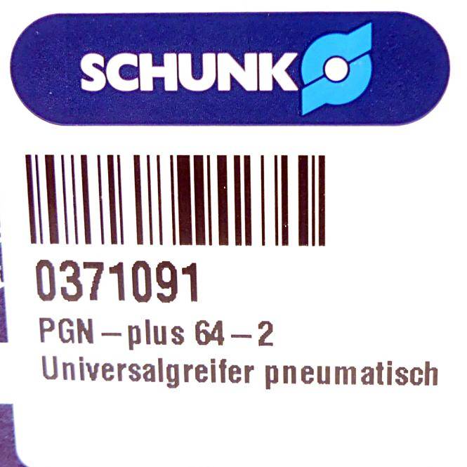 Produktetikett mit SCHUNK-Logo, Strichcode, Artikelnummer 0371091 und Text „PGN-plus 64-2 Universalgreifer pneumatisch