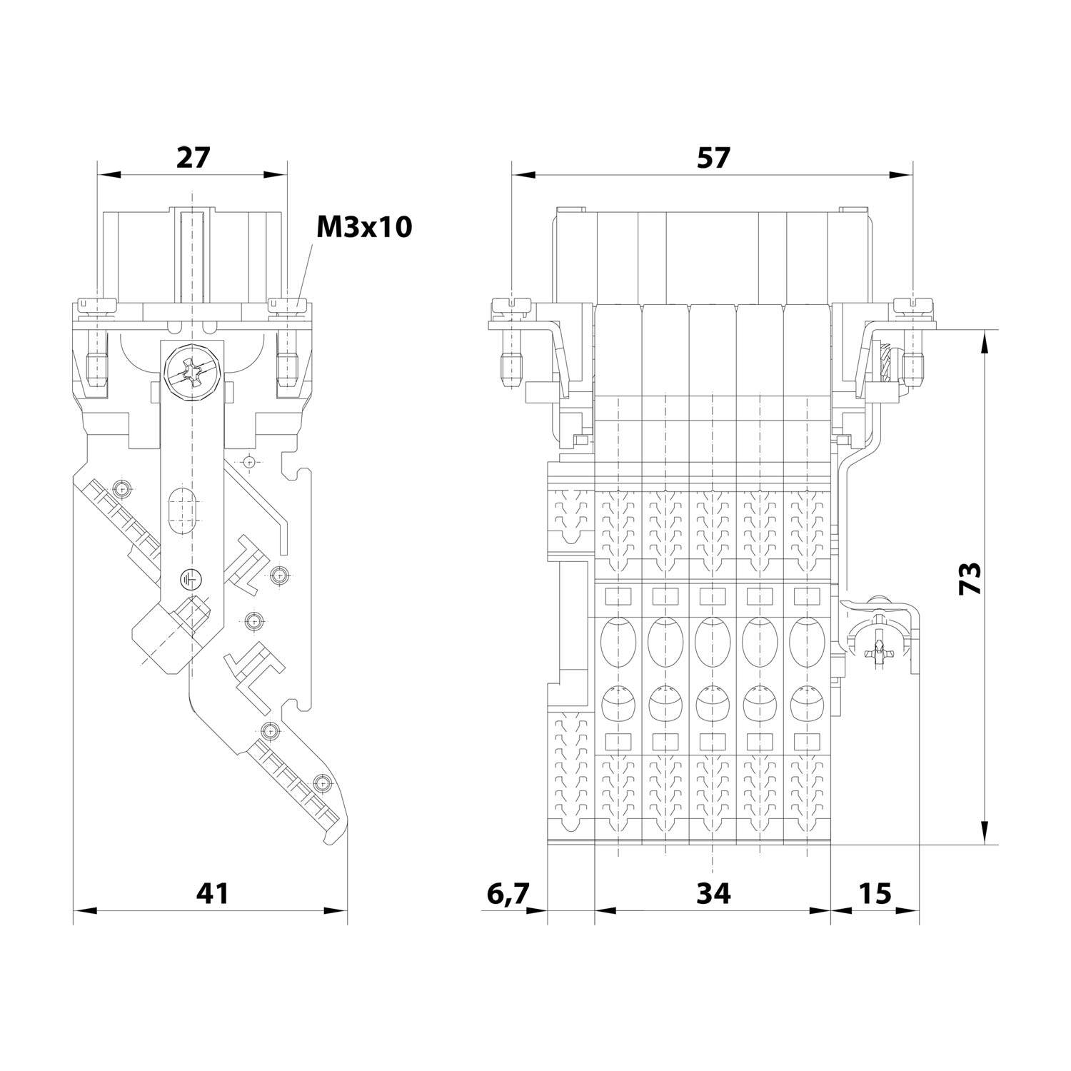 Ein technisches Diagramm zeigt die Abmessungen einer elektronischen Komponente, einschließlich Vorder- und Seitenansichten mit Maßen in Millimetern.