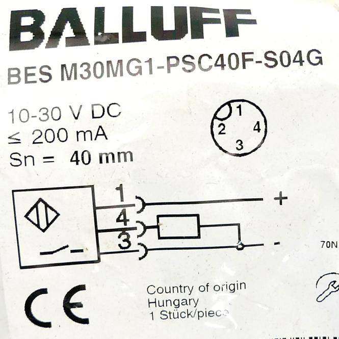 Balluff Sensorenetikett mit Modell BES M30MG1-PSC40F-S04G, 10-30 V DC, ≤200 mA, Sn=40 mm und Schaltplan für 4-polige Verbindung.