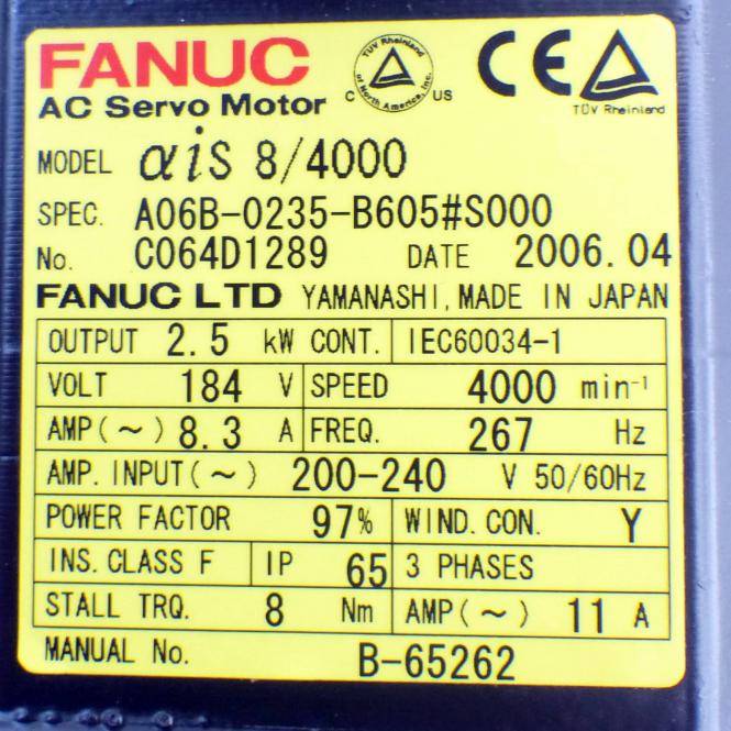 FANUC AC Servo Motor Alpha is 8/4000 C064D1289 (A06B-0235-B605#S000)