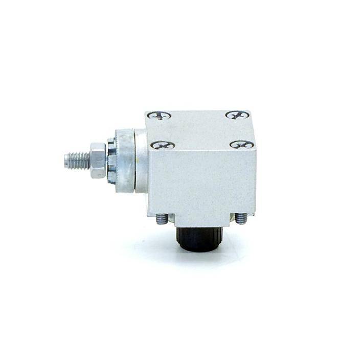 Kleine silberne industrielle mechanische Komponente mit einem gewindelten Metallverbinder auf der linken Seite und einer schwarzen zylindrischen Basis darunter, gezeigt auf weißem Hintergrund.