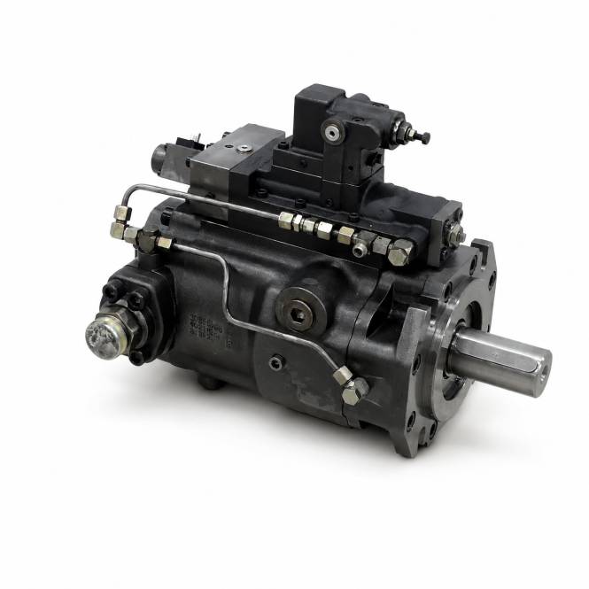 Schwarze Hydraulikpumpen- oder Motoreinheit mit Metallanschlüssen und einer vorstehenden Antriebswelle auf weißem Hintergrund.