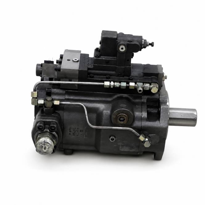 Schwarze industrielle hydraulische Pumpen- oder Motoreinheit mit Metallanschlüssen und einer vorstehenden Antriebswelle auf weißem Hintergrund.
