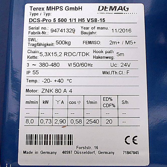 Demag Elektrokettenzug 500kg (DCS-Pro 5 500 1/1 H5 VS8-15)