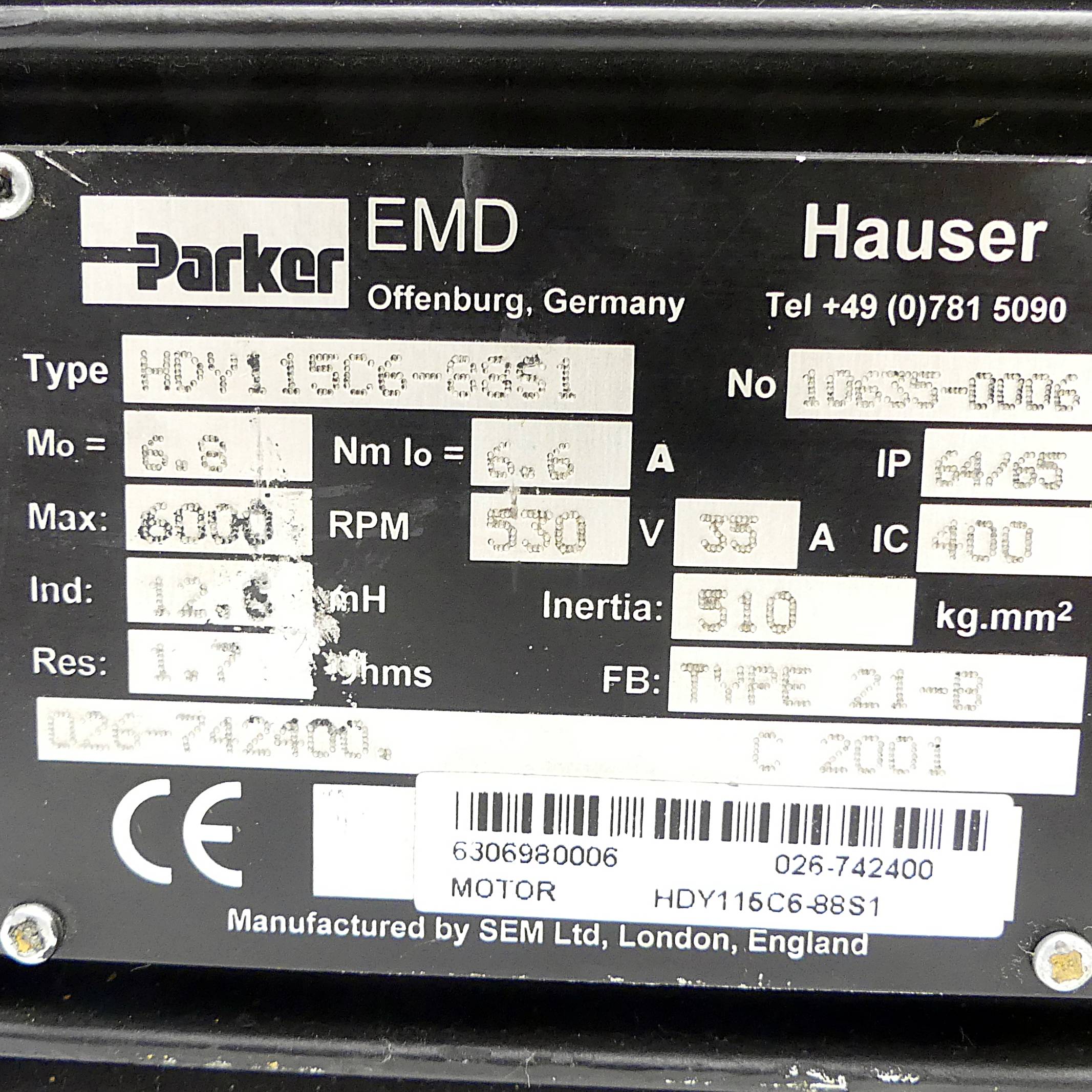 Parker Servomotor HDY115C6-88S1 (10635-0006)