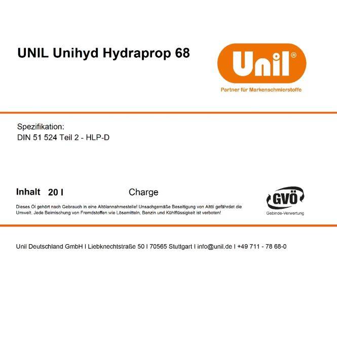 Unil Hydrauliköl Unihyd Hydraprop 68 (Unil HLP-D 68-20L)