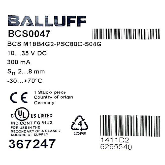 BALLUFF Kapazitiver Sensor zur Objekterkennung BCS0047 (BCS M18B4G2-PSC80C-S04G)