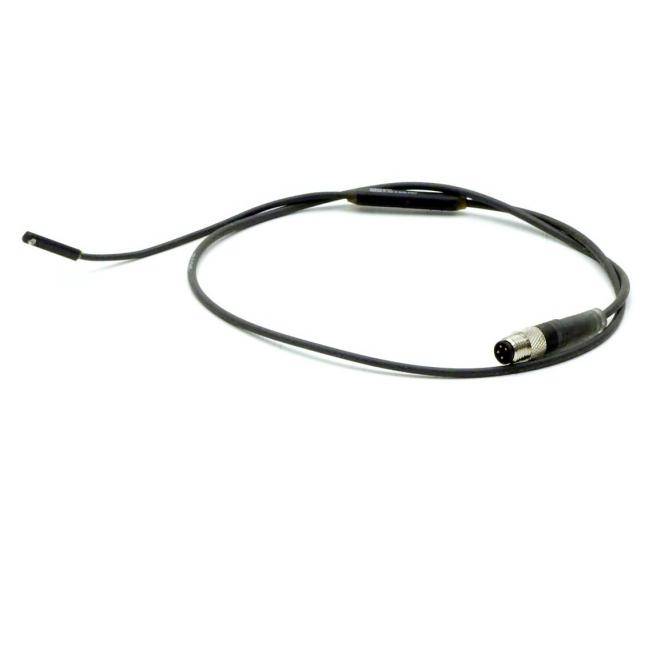 Ein schwarzes Kabel mit kleinen Steckerendstücken, aufgerollt auf weißem Hintergrund.