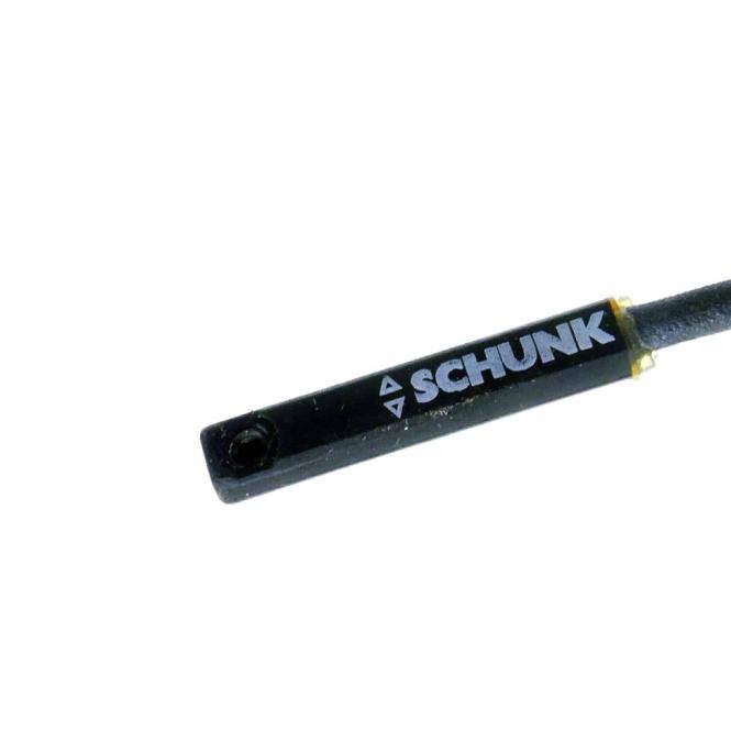 Nahaufnahme eines schwarzen Kabelendsteckers mit SCHUNK-Markenbranding vor weißem Hintergrund.