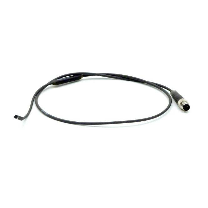 Schwarzes Kabel mit einem kleinen Stecker, aufgerollt auf weißem Hintergrund.