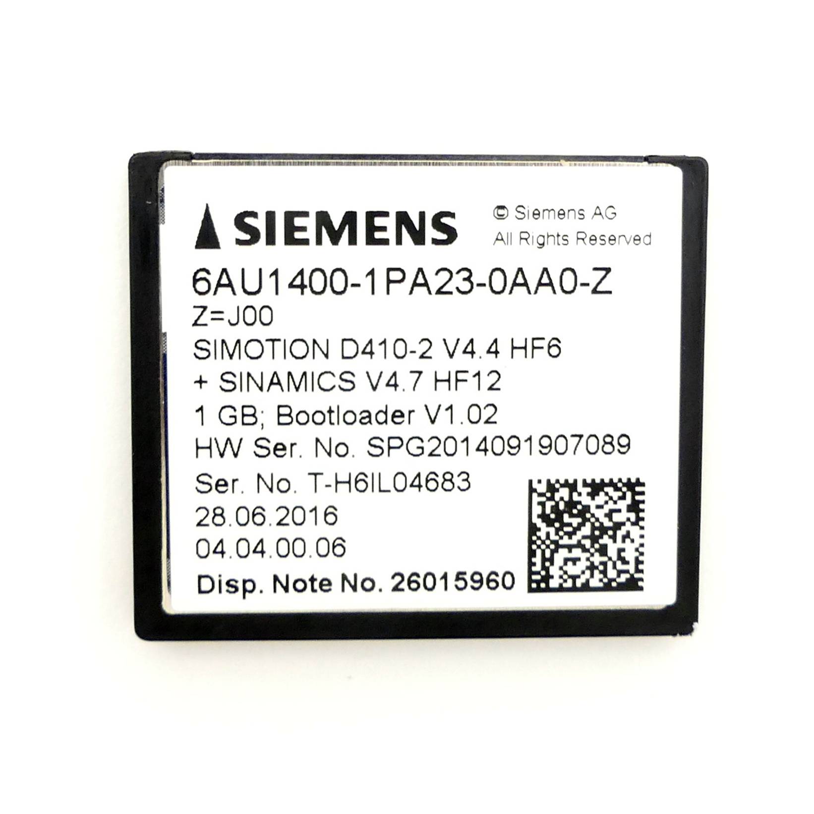 Siemens SIMOTION Drive-basierte 1 GB Compact Flash Karte D410-2 V4.4 HF6 (6AU1400-1PA23-0AA0-Z)