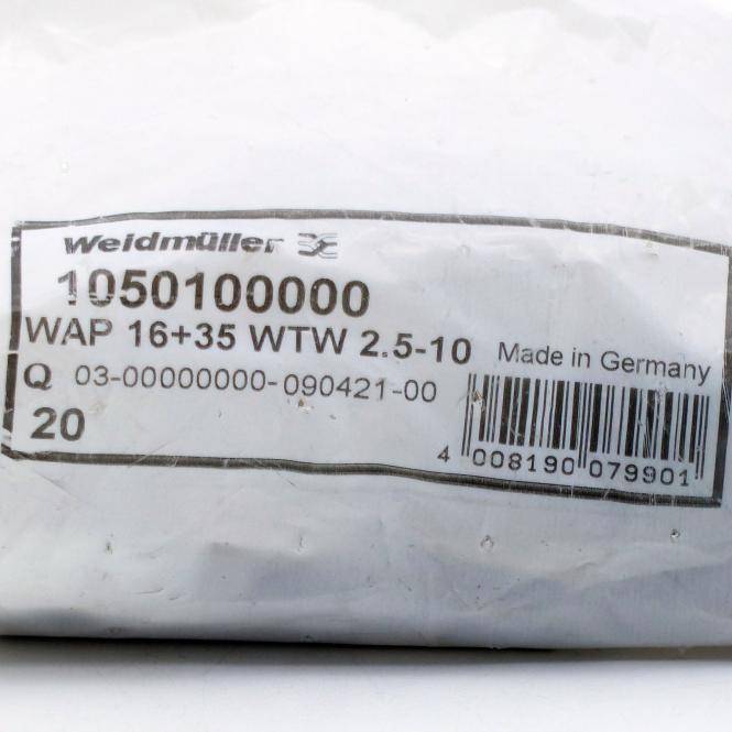Weidmüller-Produktetikett mit Teilenummer 1050100000, 'WAP 16+35 WTW 2.5-10', hergestellt in Deutschland, mit Barcode und Menge 20.